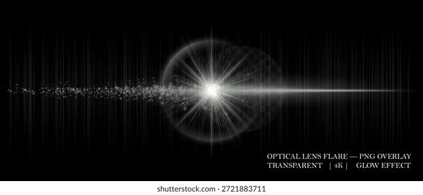 Optical light flare with shining reflections, soft transparency, and glowing particles. Ideal for visual effects, digital art, and clean luminous overlays.