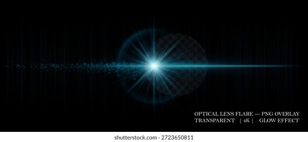 Acender luz óptica com reflexos brilhantes, transparência suave e partículas brilhantes. Ideal para efeitos visuais, arte digital e sobreposições luminosas limpas.