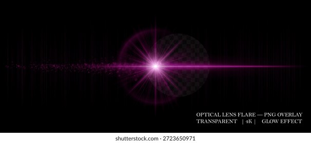 Destello óptico de luz con reflejos brillantes, transparencia suave y partículas brillantes. Ideal para efectos visuales, arte digital y superposiciones luminosas limpias.