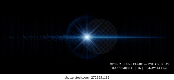 Destello óptico de luz con reflejos brillantes, transparencia suave y partículas brillantes. Ideal para efectos visuales, arte digital y superposiciones luminosas limpias.