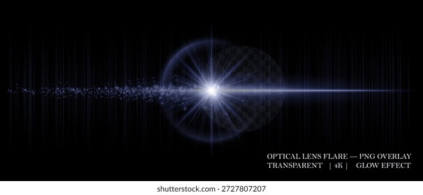 Acender luz óptica com reflexos brilhantes, transparência suave e partículas brilhantes. Ideal para efeitos visuais, arte digital e sobreposições luminosas limpas.