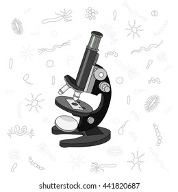 Optical microscope. The device is to increase the image objects. Germs and bacteria. School equipment. Vector.