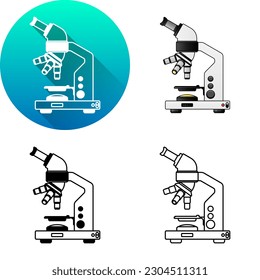 Optical Microscope Multiple Lens Laboratory Equipment, Set of Flat Long Shadow, Color, Black-White Silhouette, Line Art Icon Symbol Logo Isolated on White Background