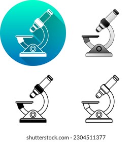 Optical Microscope Single Lens Laboratory Equipment, Set of Flat Long Shadow, Color, Black-White Silhouette, Line Art Icon Symbol Logo Isolated on White Background