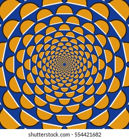 Optical motion illusion background. Orange crescents fly apart circularly from the center on blue background.