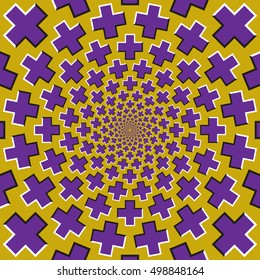 Optical motion illusion background. Purple crosses fly apart circularly from the center on yellow background.