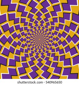 Optical motion illusion background. Purple shapes revolve around the center on yellow background.