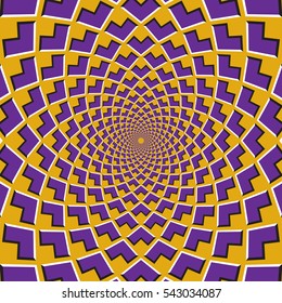 Optical motion illusion background. Purple corners flock together circularly to the center on yellow background.