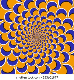 Optical motion illusion background. Purple shapes fly apart circularly from the center on orange background.