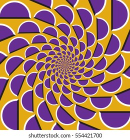 Optical motion illusion background. Purple shapes fly apart circularly from the center on yellow background.