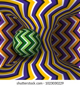 Optical motion illusion illustration. Sphere is rotation around of a moving hyperboloid. Abstract fantasy background in a surreal style.