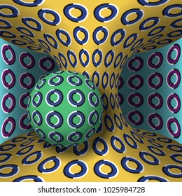 Optical motion illusion illustration. Sphere is rotation around of a moving hyperboloid. Abstract fantasy background in a surreal style.