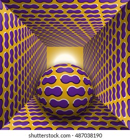 Optical motion illusion illustration. A sphere are moving through square tunnel. Purple clouds on golden objects. Abstract fantasy in a surreal style.