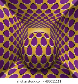Optical motion illusion illustration. A sphere are moving through square tunnel. Purple drops on golden objects. Abstract fantasy in a surreal style.