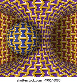 Optical motion illusion illustration. A sphere are rotation around of a moving hyperboloid. Abstract fantasy in a surreal style.