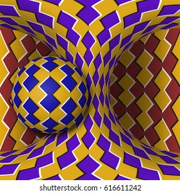 Optical motion illusion illustration. A sphere is rotating around of a moving hyperboloid. Abstract fantasy in a surreal style.