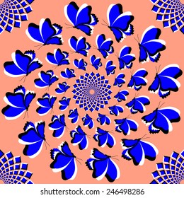 Optical motion illusion. Seamless background with flying blue butterflies and moving blue squares. Vector illustration.