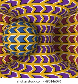 Optical motion illusion with a sphere rotating around a dynamic hyperboloid. Abstract vector in surreal style. Ideal for sci-fi, fantasy, posters, and visual perception concepts.
