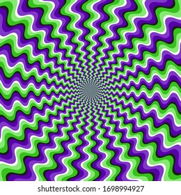 Optical motion illusion vector background. Green purple wavy striped pattern move around the center.