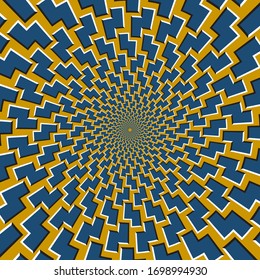 Optical motion illusion vector background. Blue zigzag shapes move around the center on golden background.