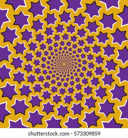 Optical motion illusion vector background. Purple six pointed stars flock together circularly from the center on yellow background.