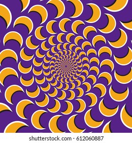 Optical motion illusion vector background. Yellow crescent flock together circularly to the center on purple background.