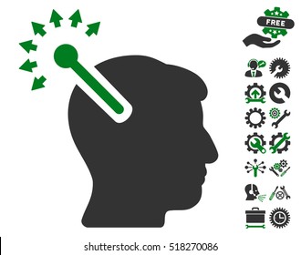 Optical Neural Interface icon with bonus setup tools images. Vector illustration style is flat iconic green and gray symbols on white background.