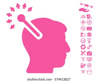 Optical Neural Interface icon with bonus flying drone tools design elements. Vector illustration style is flat iconic symbols on white background.