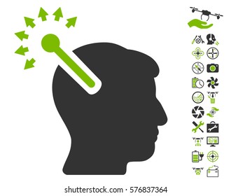 Optical Neural Interface icon with bonus quad copter tools images. Vector illustration style is flat iconic eco green and gray symbols on white background.