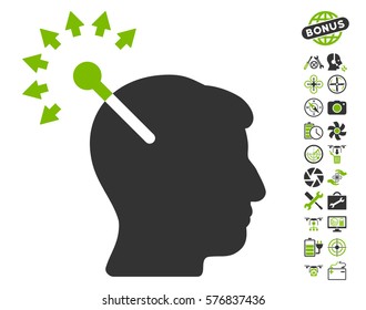 Optical Neural Interface icon with bonus aircopter service design elements. Vector illustration style is flat iconic eco green and gray symbols on white background.
