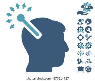 Optical Neural Interface icon with bonus tools clip art. Vector illustration style is flat iconic cyan and blue symbols on white background.