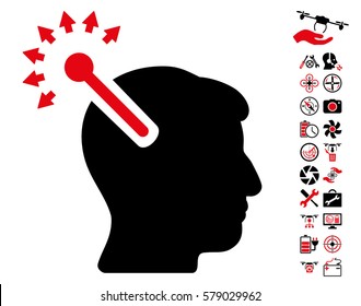 Optical Neural Interface icon with bonus quad copter service images. Vector illustration style is flat iconic intensive red and black symbols on white background.