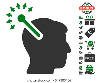 Optical Neural Interface icon with free bonus graphic icons. Vector illustration style is flat iconic symbols, green and gray colors, white background.