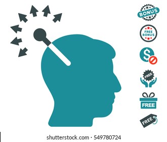 Optical Neural Interface icon with free bonus symbols. Vector illustration style is flat iconic symbols, soft blue colors, white background.
