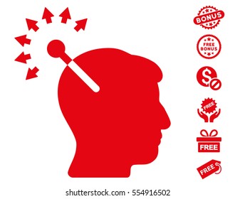 Optical Neural Interface icon with free bonus images. Vector illustration style is flat iconic symbols, red color, white background.