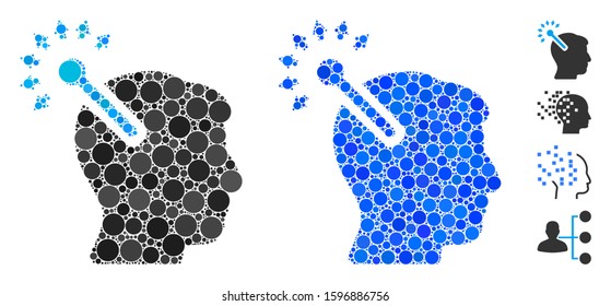 Optical neural interface mosaic of spheric dots in variable sizes and color hues, based on optical neural interface icon. Vector dots are organized into blue mosaic.