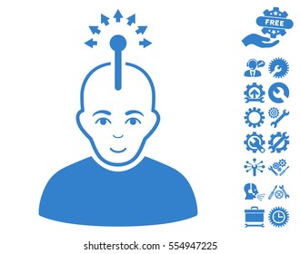 Optical Neural Interface pictograph with bonus service images. Vector illustration style is flat iconic cobalt symbols on white background.