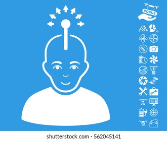 Optical Neural Interface pictograph with bonus airdrone service graphic icons. Vector illustration style is flat iconic white symbols on blue background.