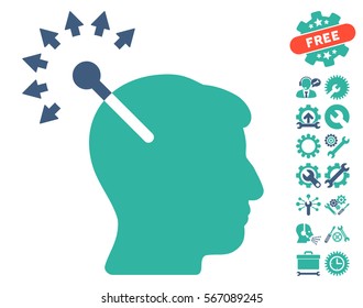 Optical Neural Interface pictograph with bonus configuration pictures. Vector illustration style is flat iconic cobalt and cyan symbols on white background.