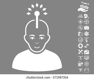 Optical Neural Interface pictograph with bonus drone service images. Vector illustration style is flat iconic white symbols on gray background.