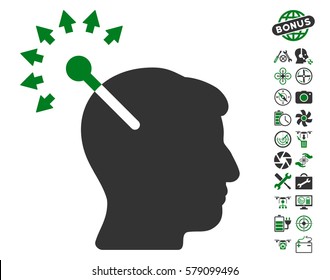 Optical Neural Interface pictograph with bonus quad copter tools symbols. Vector illustration style is flat iconic green and gray symbols on white background.