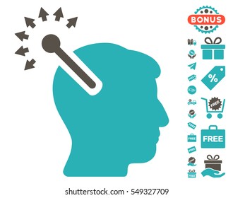 Optical Neural Interface pictograph with free bonus symbols. Vector illustration style is flat iconic symbols, grey and cyan colors, white background.