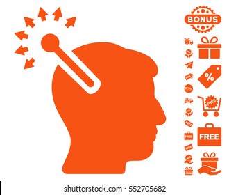 Optical Neural Interface pictograph with free bonus icon set. Vector illustration style is flat iconic symbols, orange color, white background.