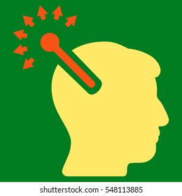Optical Neural Interface vector icon. Style is flat graphic bicolor symbol, orange and yellow colors, green background.