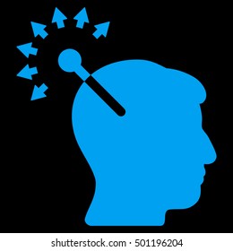 Optical Neural Interface vector pictogram. Style is flat graphic symbol, blue color, black background.