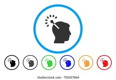Optical Neural Interface vector rounded icon. Image style is a flat gray icon symbol inside a blue circle. Bonus color variants are gray, black, blue, green, red, orange.