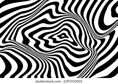 Optical Psychedelic Spiral with Twist Striped. Background Abstract Line Black and White Color. Swirl Hypnotic Pattern. Vector illustration.