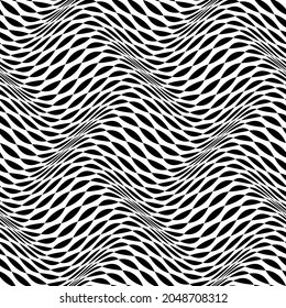 Optical seamless pattern of black white warped ornament of simple shapes. Psychedelic wavy monochrome repeatable texture.