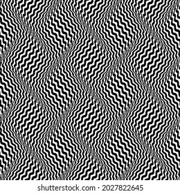 Optical seamless pattern of moving wavy stripes illusion. Black and white distorted striped repeatable texture. Psychedelic art wallpaper.