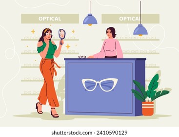 Optical shop concept. Woman came to specialist to buy eyeglasses. Vision correction and ophthalmology. Healthcare and treatment, medicine. Cartoon flat vector illustration isolated on white background